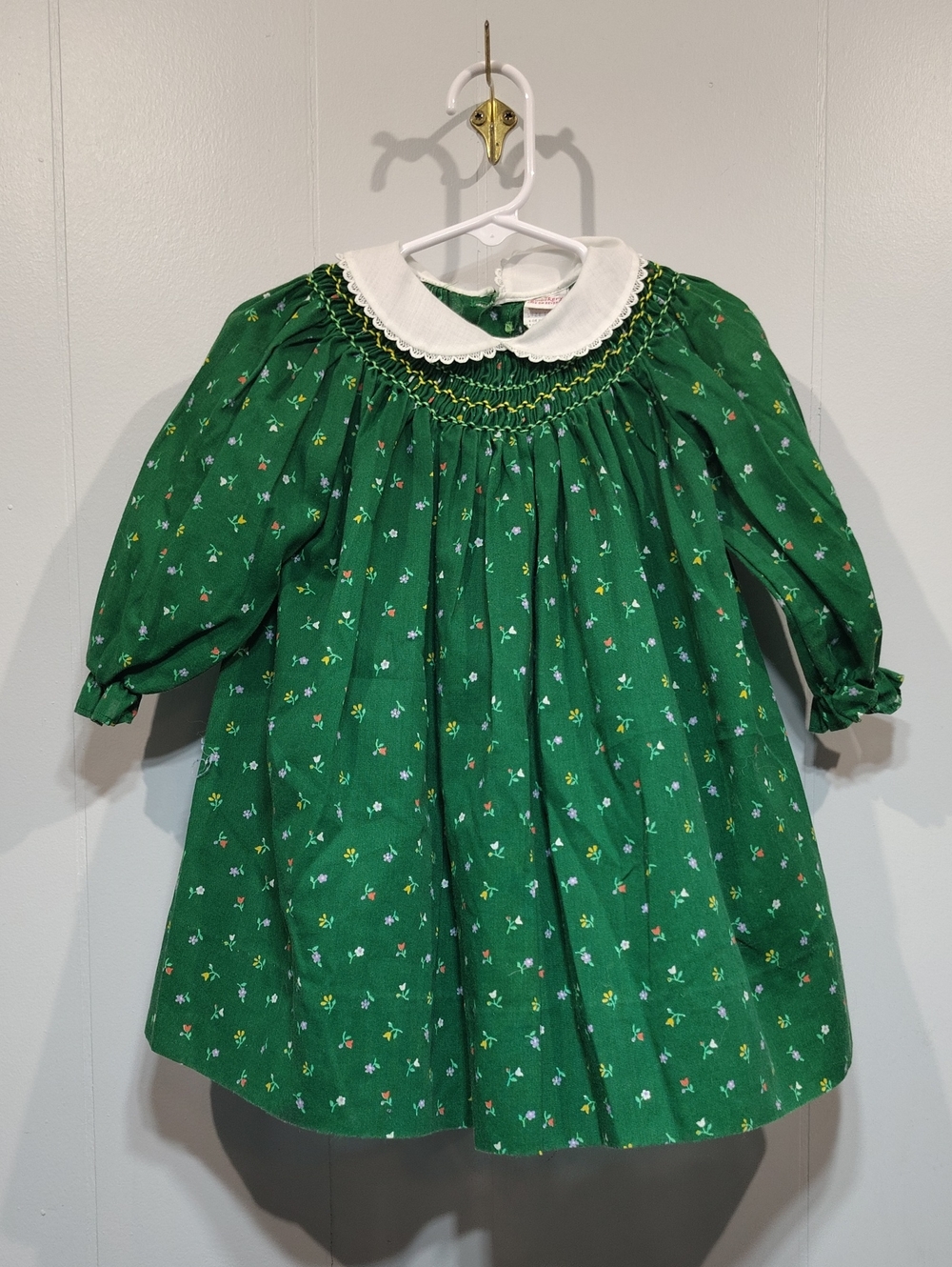 Green Smocked Floral Kids' Dress with White Peter Pan Collar